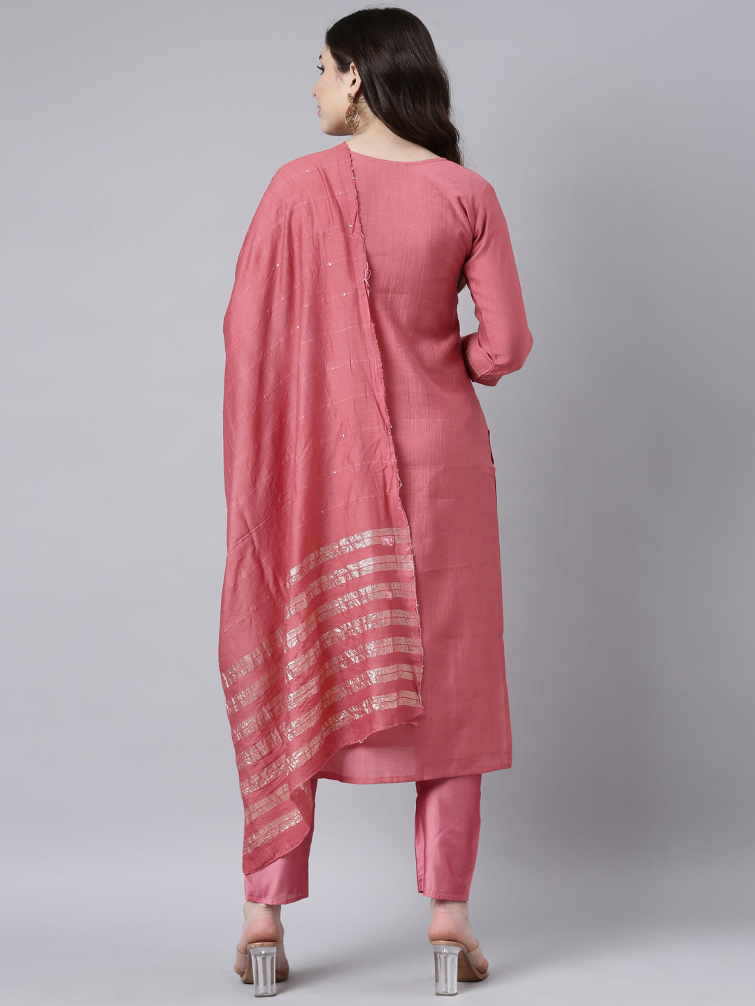 Neerus Pink Regular Straight Solid Kurta And Trousers With Dupatta