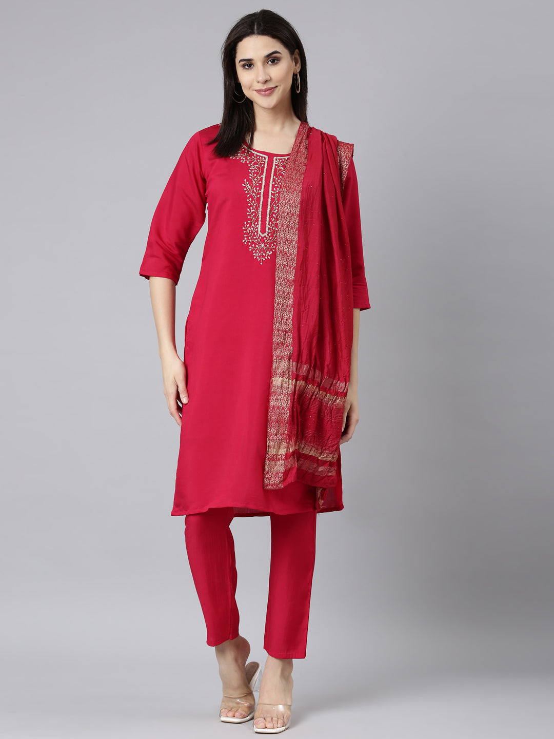 Neerus Pink Regular Straight Solid Kurta And Trousers With Dupatta