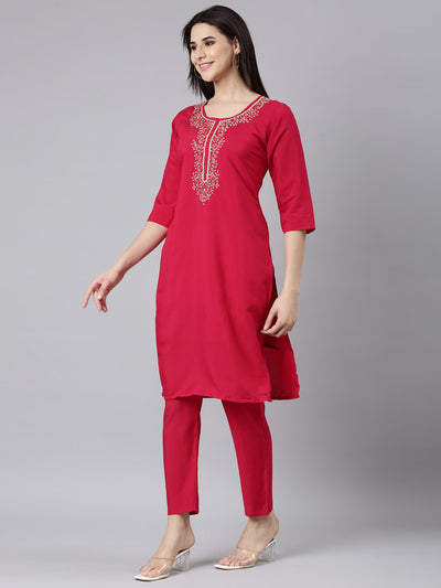 Neerus Pink Regular Straight Solid Kurta And Trousers With Dupatta