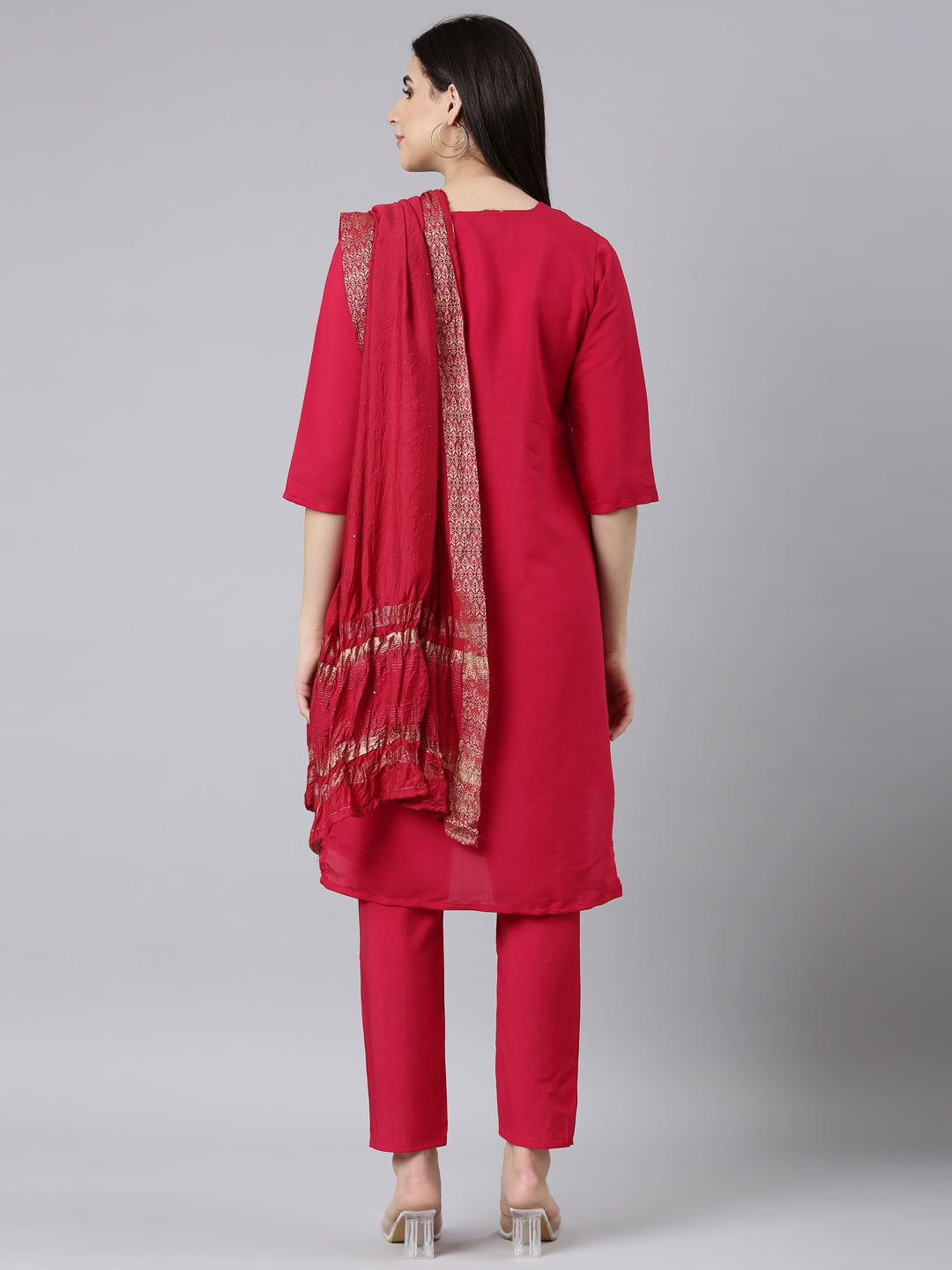 Neerus Pink Regular Straight Solid Kurta And Trousers With Dupatta