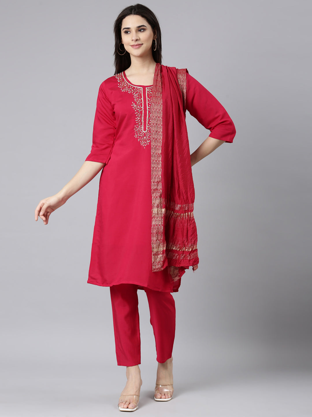 Neerus Pink Regular Straight Solid Kurta And Trousers With Dupatta