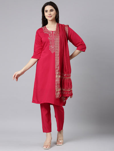 Neerus Pink Regular Straight Solid Kurta And Trousers With Dupatta