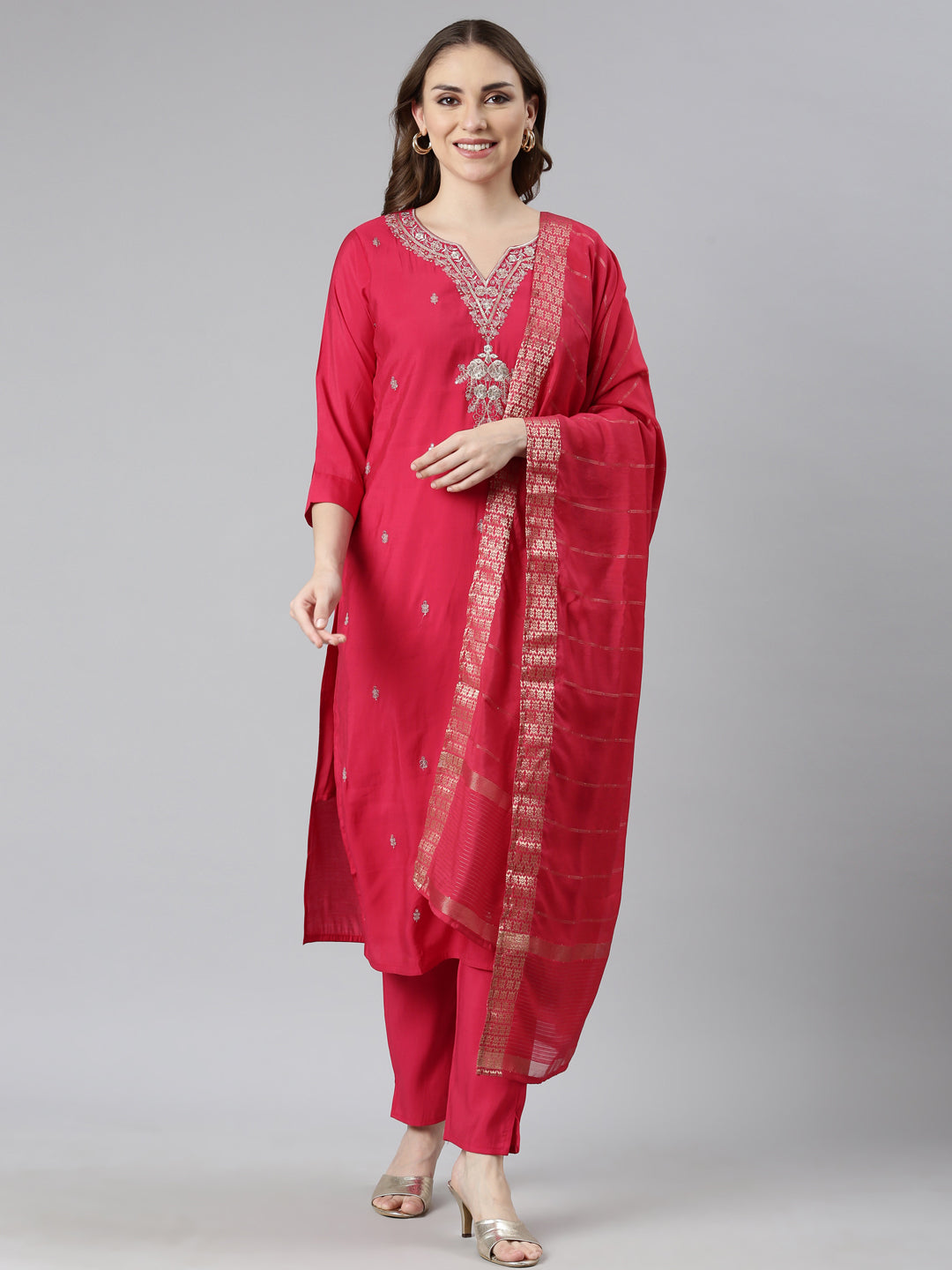 Neerus Pink Regular Straight Floral Kurta And  Trousers With Dupatta