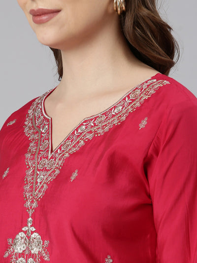 Neerus Pink Regular Straight Floral Kurta And  Trousers With Dupatta