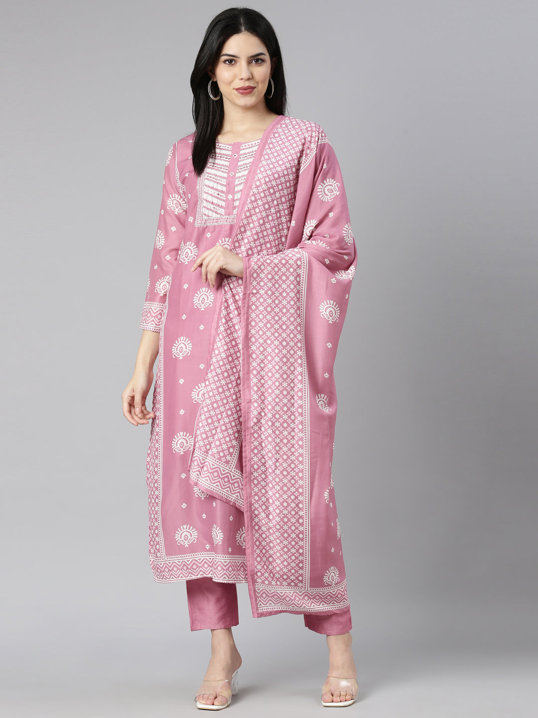 Neerus Pink Regular Straight Floral Kurta And Trousers With Dupatta