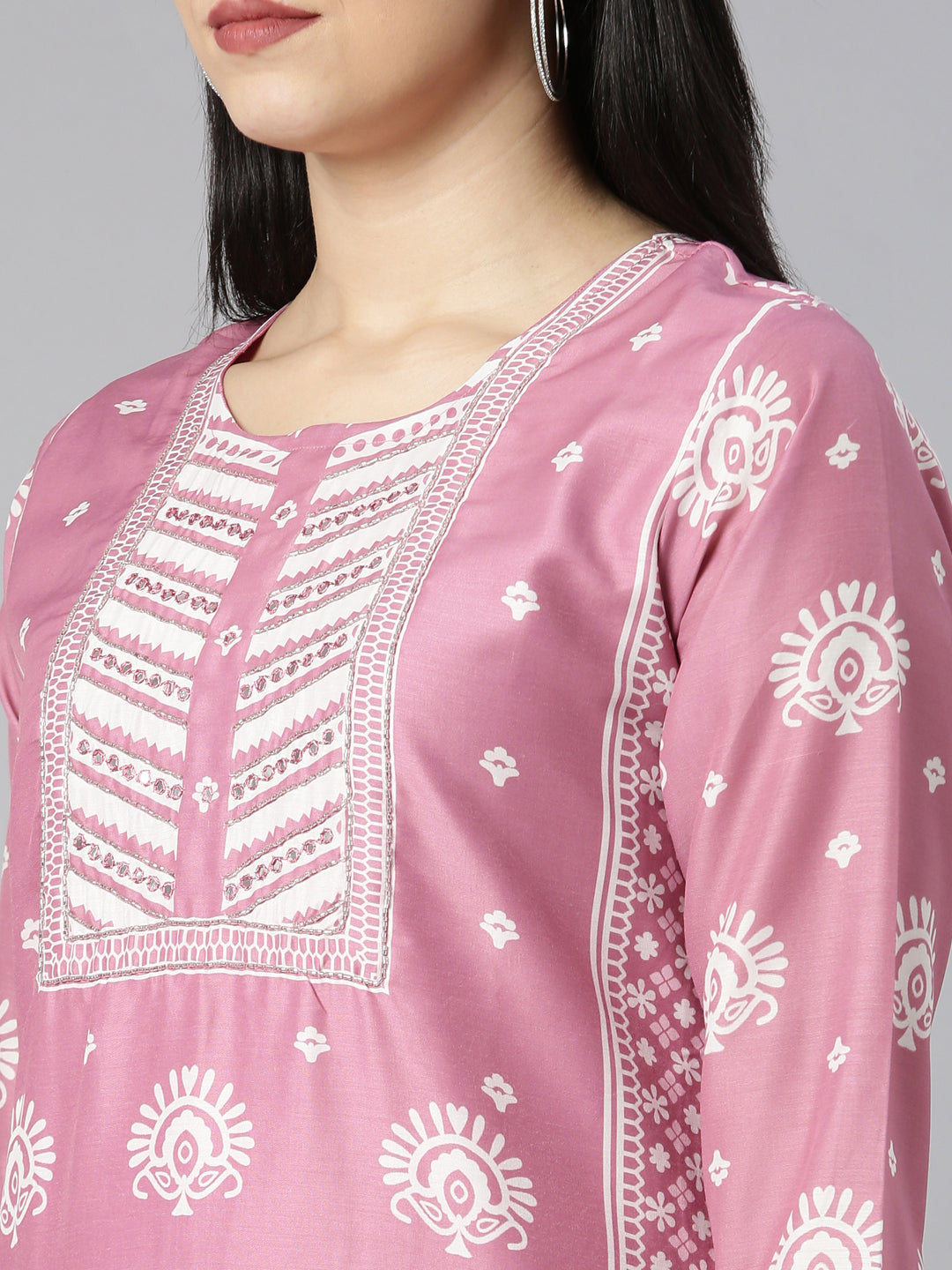 Neerus Pink Regular Straight Floral Kurta And Trousers With Dupatta