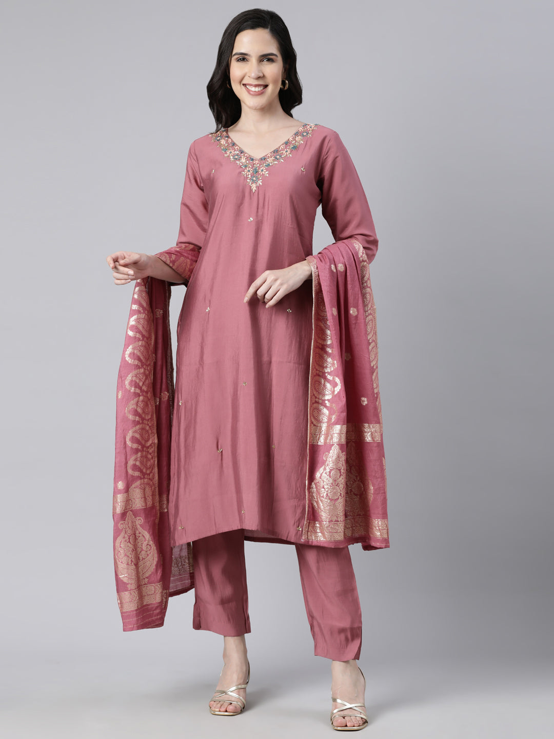 Neerus Pink Regular Straight Solid Kurta And  Trousers With Dupatta