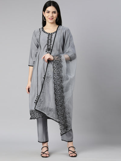 Neerus Grey Regular Straight Floral Kurta And Trousers With Dupatta