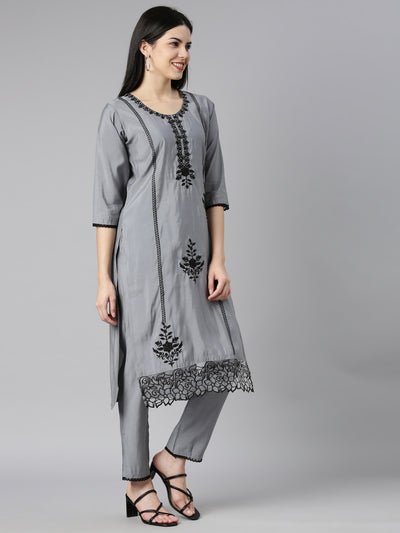 Neerus Grey Regular Straight Floral Kurta And Trousers With Dupatta