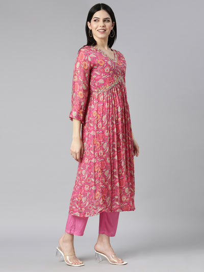 Neerus Pink Regular Straight Floral Kurta And Trousers With Dupatta