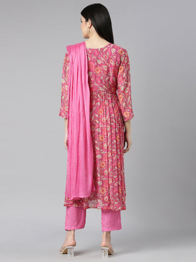 Neerus Pink Regular Straight Floral Kurta And Trousers With Dupatta