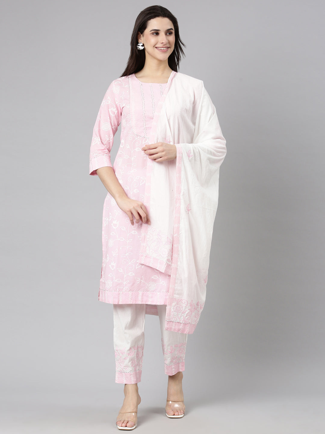 Neerus Pink Regular Straight Floral Kurta And  Trousers With Dupatta