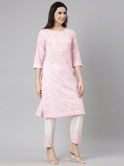 Neerus Pink Regular Straight Floral Kurta And  Trousers With Dupatta