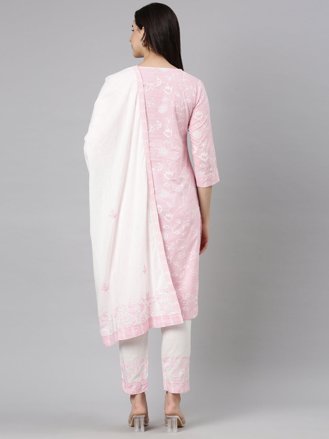 Neerus Pink Regular Straight Floral Kurta And  Trousers With Dupatta