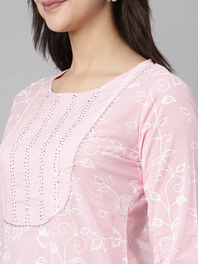 Neerus Pink Regular Straight Floral Kurta And  Trousers With Dupatta