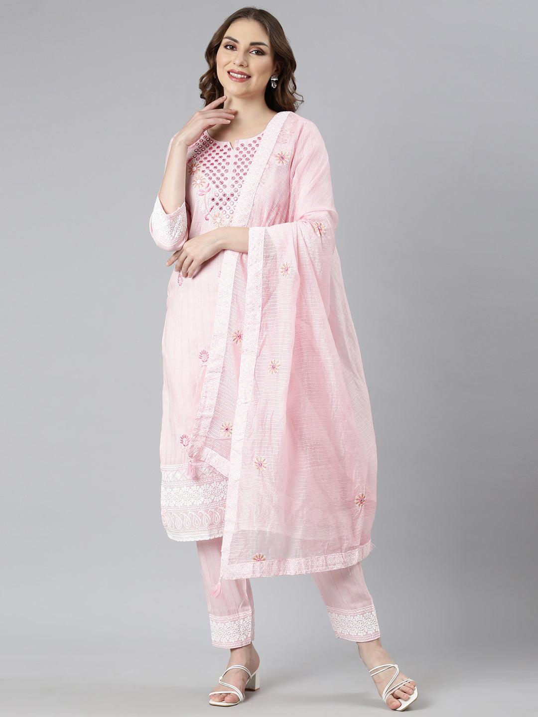 Neerus Pink Regular Straight Floral Kurta And  Trousers With Dupatta