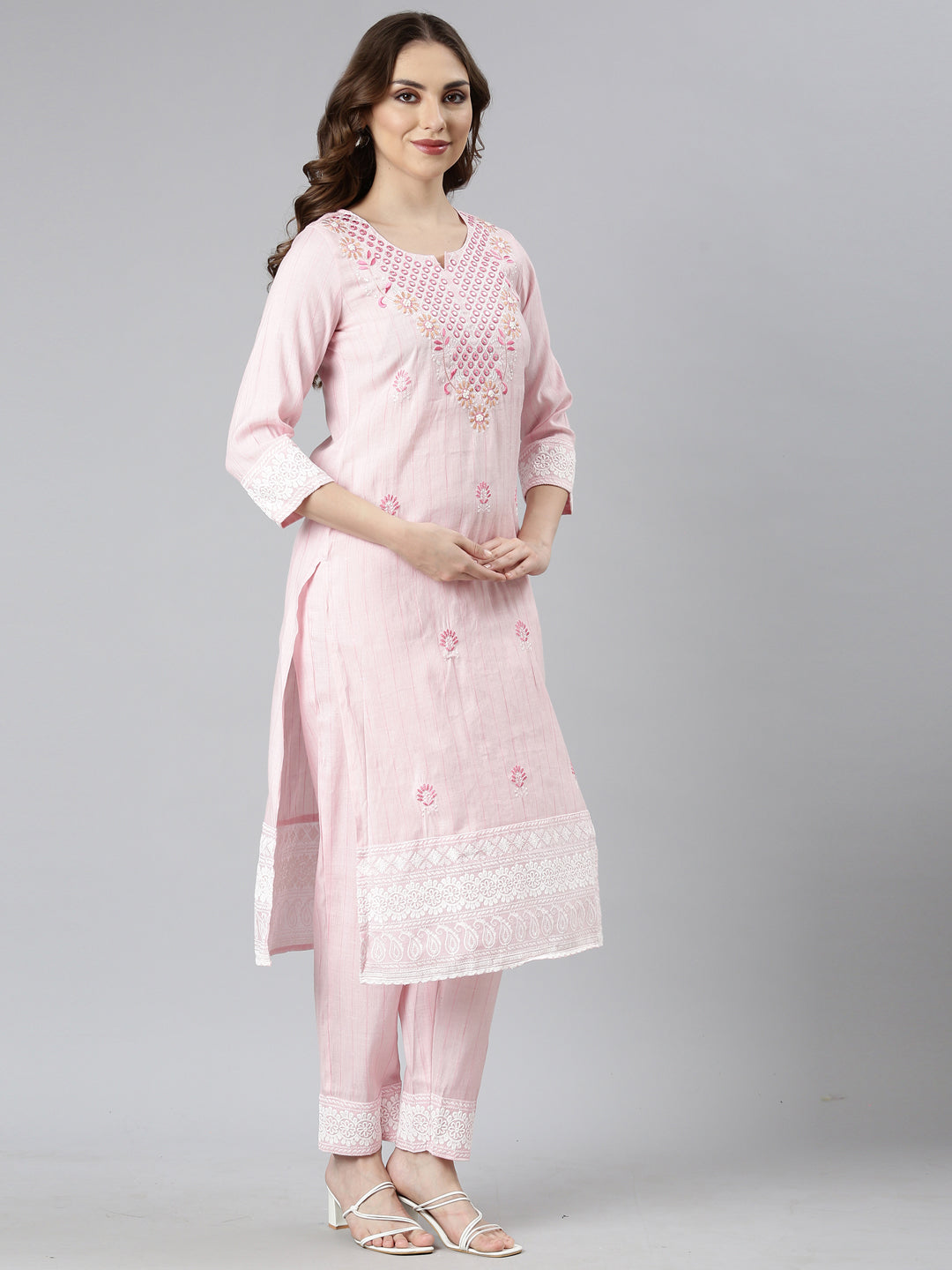 Neerus Pink Regular Straight Floral Kurta And  Trousers With Dupatta