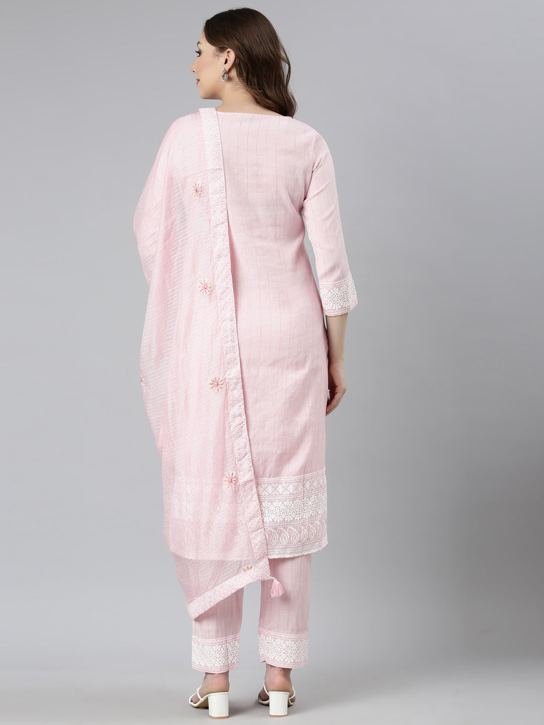 Neerus Pink Regular Straight Floral Kurta And  Trousers With Dupatta