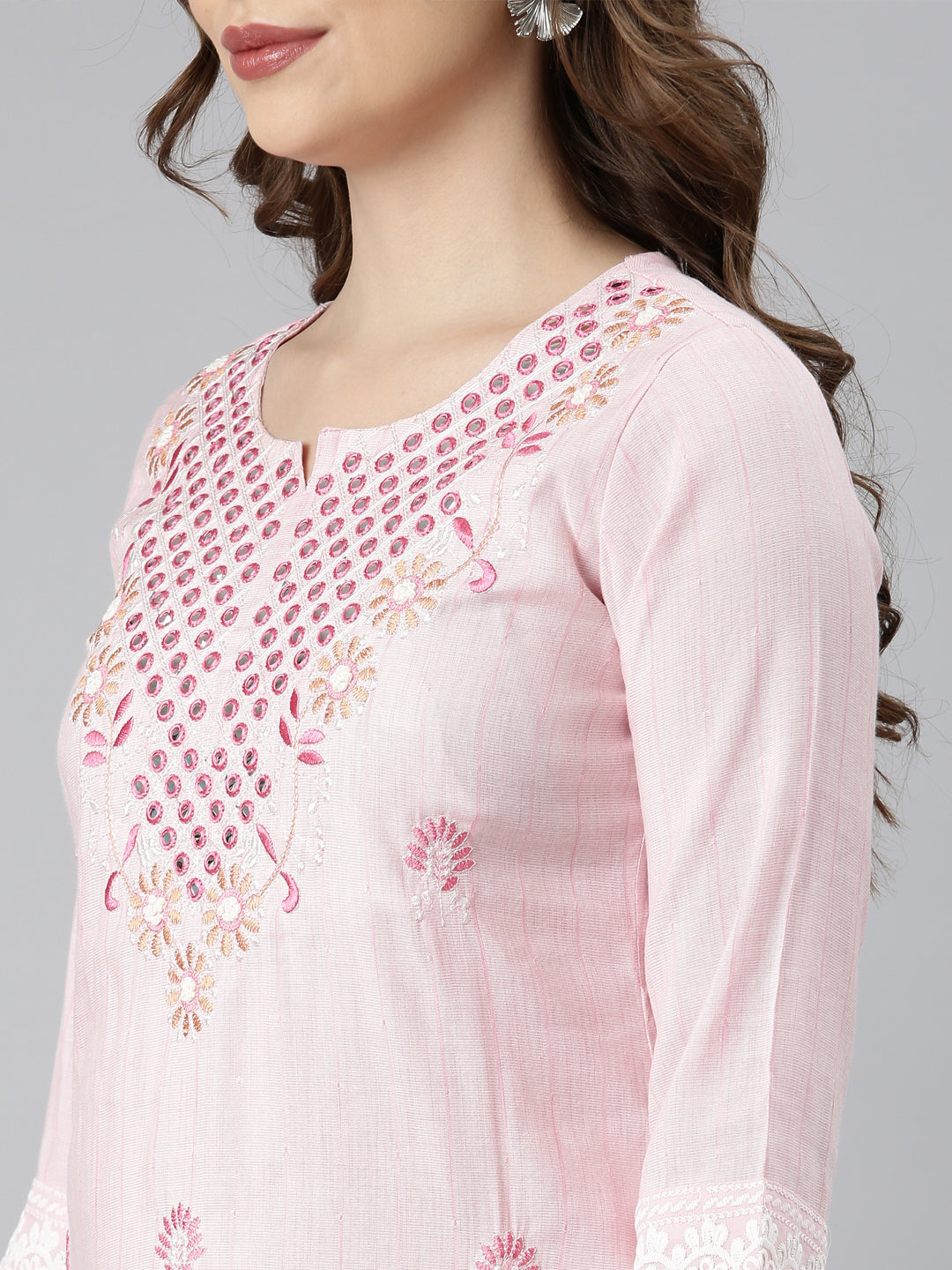 Neerus Pink Regular Straight Floral Kurta And  Trousers With Dupatta