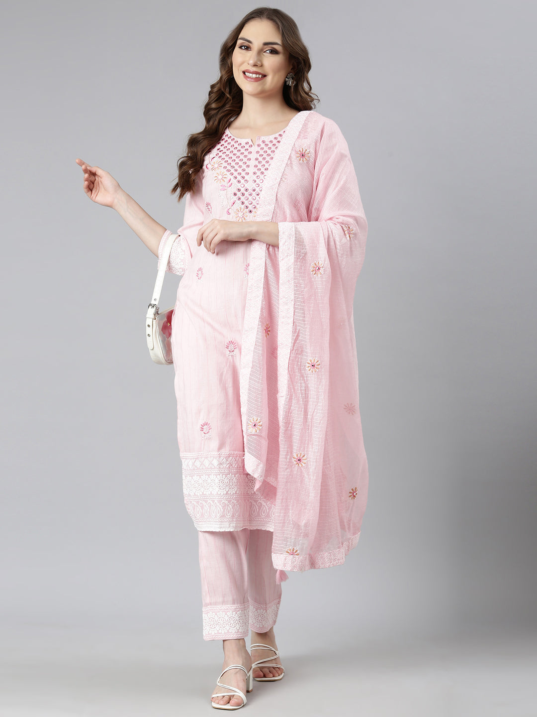 Neerus Pink Regular Straight Floral Kurta And  Trousers With Dupatta