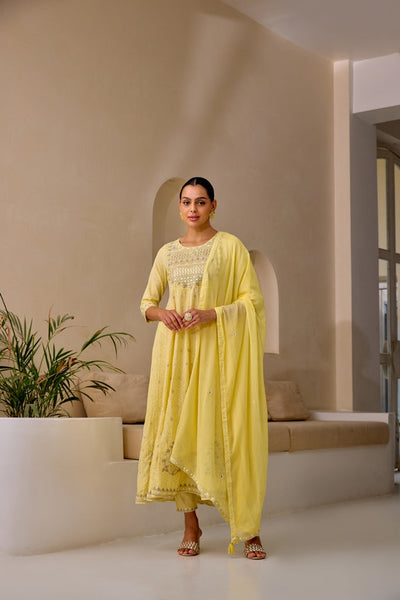 Neerus Yellow Curved Sequence Work Kurta And Trousers With Dupatta