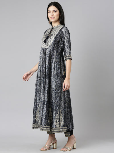 Neeru's Navy Blue Regular Straight Printed Readymade suits