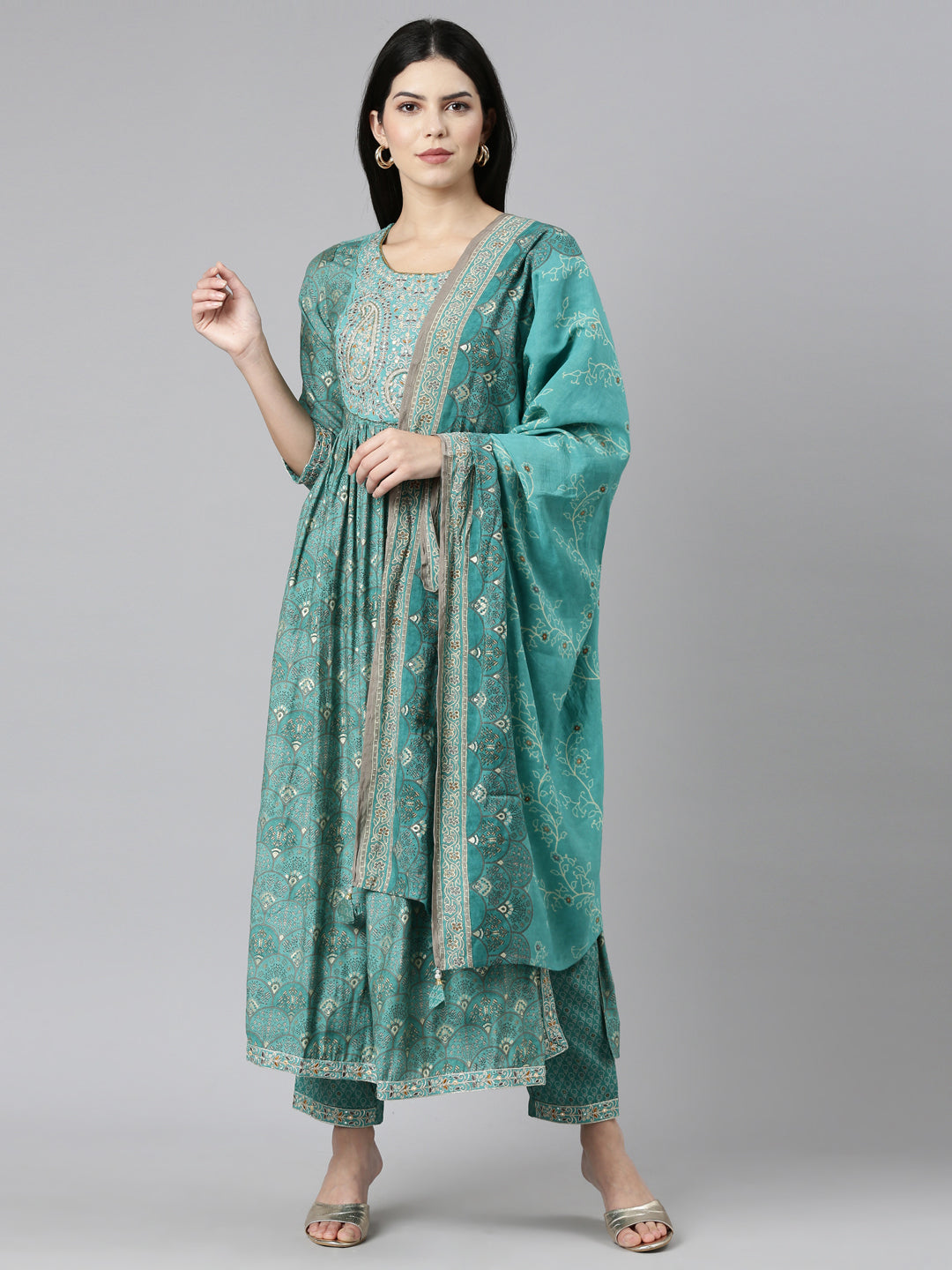 Neeru's Green Pleated Straight Printed Readymade suits