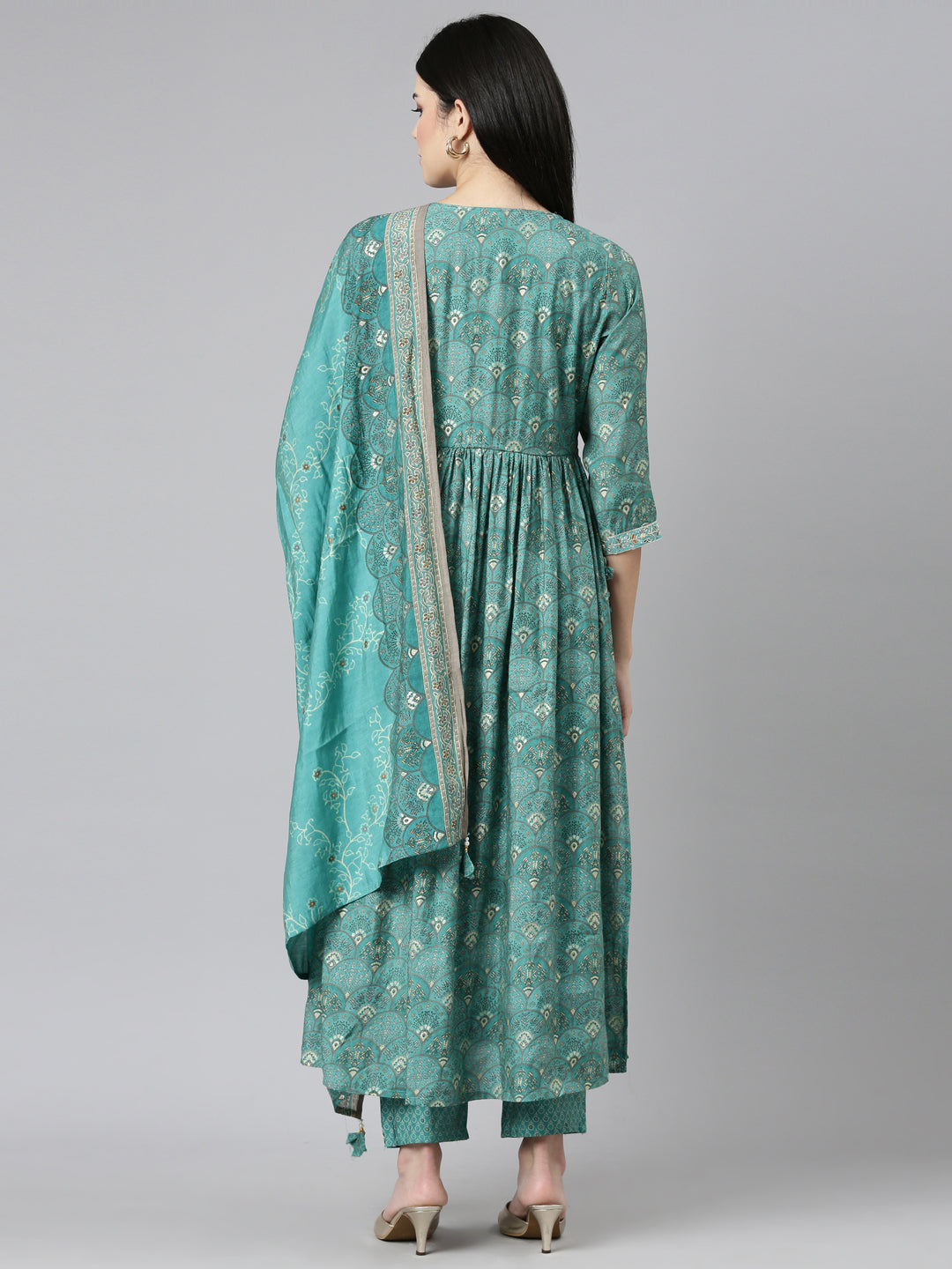 Neeru's Green Pleated Straight Printed Readymade suits