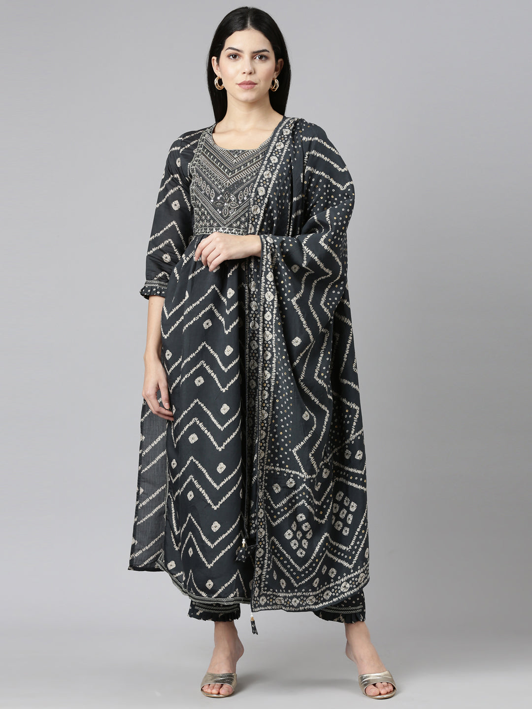 Neeru's Grey Pleated Straight Printed Kurta And Trousers With Dupatta