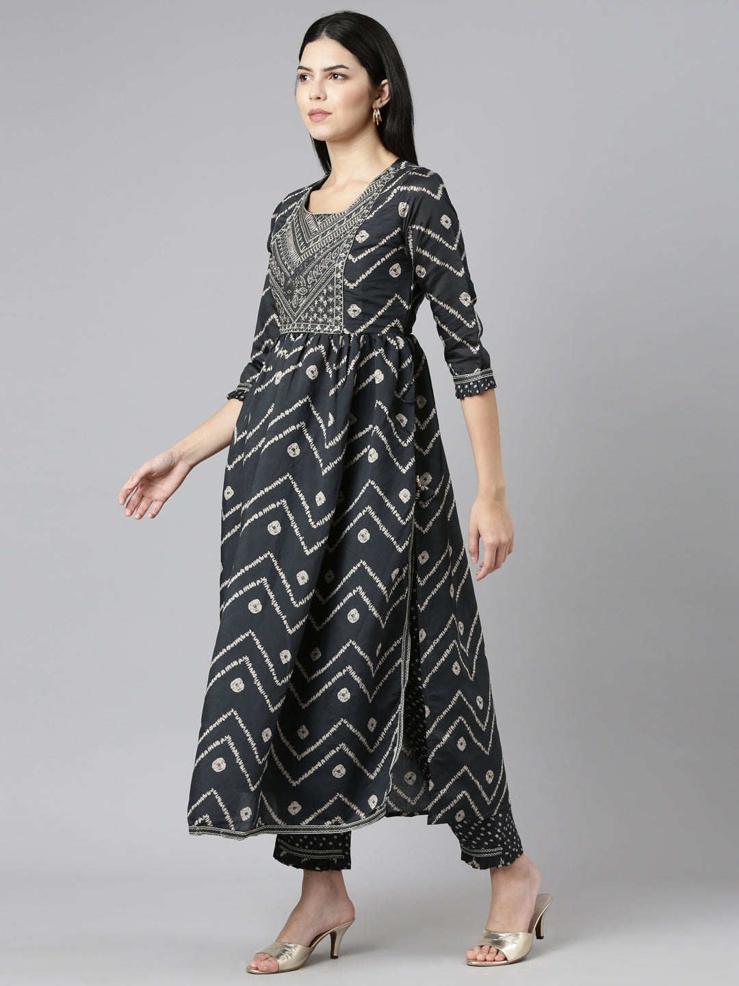 Neeru's Grey Pleated Straight Printed Kurta And Trousers With Dupatta