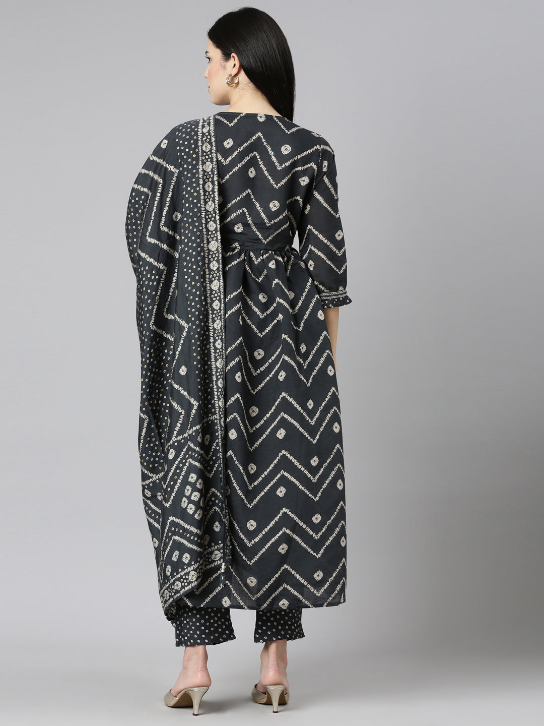 Neeru's Grey Pleated Straight Printed Kurta And Trousers With Dupatta