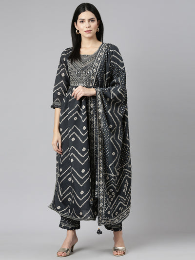 Neeru's Grey Pleated Straight Printed Kurta And Trousers With Dupatta