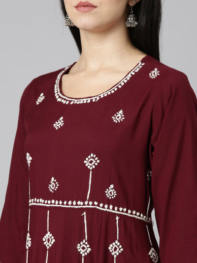 Neeru's Burgundy Regular Straight Embroidered Readymade suits