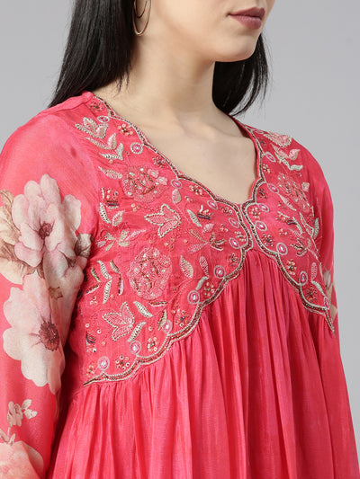 Neerus Red Regular Straight Floral Kurta And Trousers With Dupatta