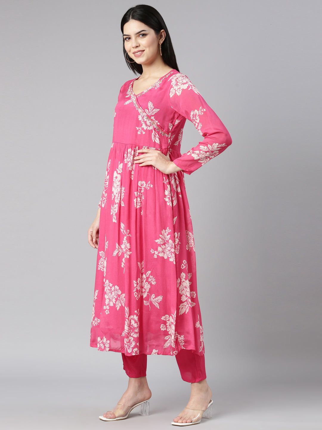 Neerus Pink Pleated Flared Floral Kurta And Trousers With Dupatta