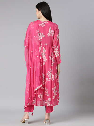 Neerus Pink Pleated Flared Floral Kurta And Trousers With Dupatta