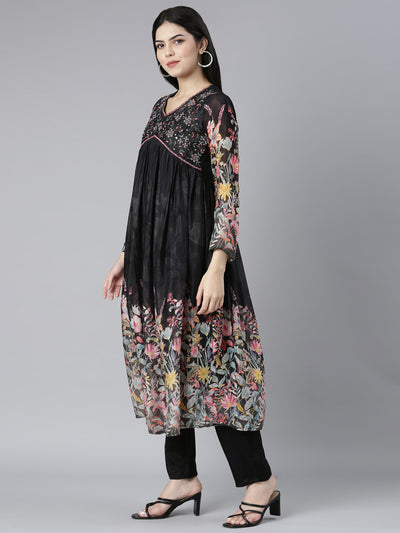 Neerus Black Pleated Straight Floral Kurta And Trousers With Dupatta