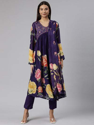 Neeru's Purple Regular Straight Floral Kurta And Trousers With Dupatta