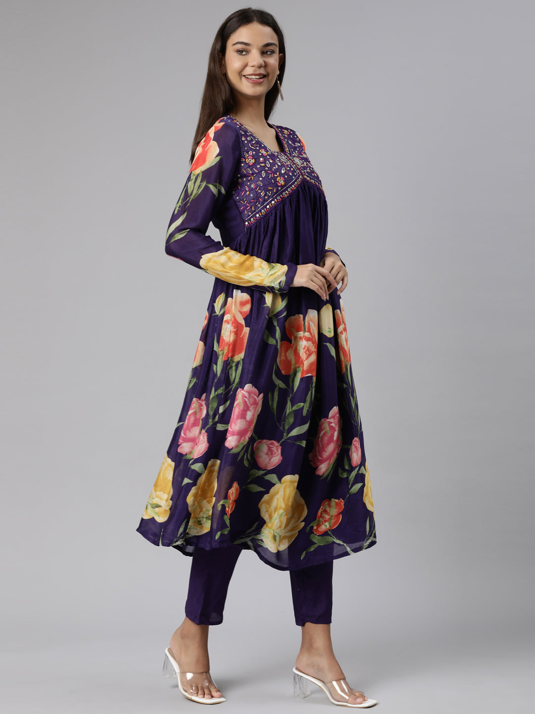 Neeru's Purple Regular Straight Floral Kurta And Trousers With Dupatta