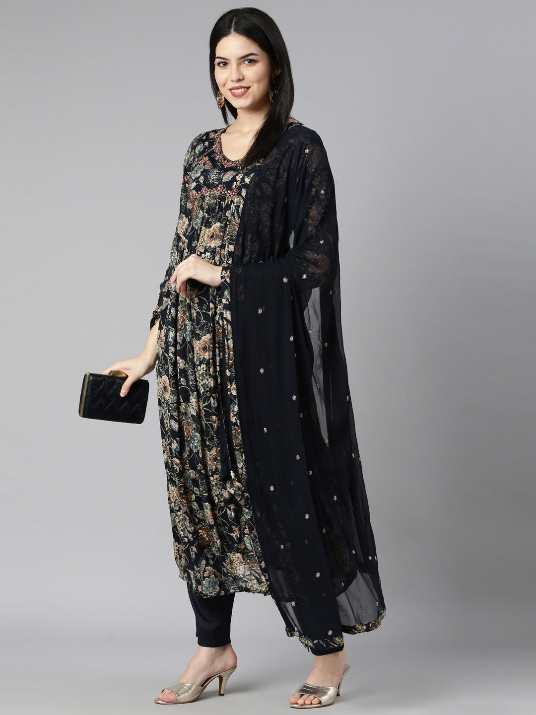 Neerus Navy Blue Pleated Straight Floral Kurta And Trousers With Dupatta