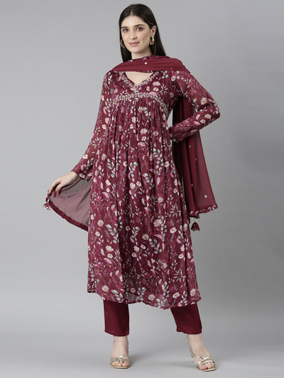 Neeru's Purple Regular Straight Floral Kurta And Trousers With Dupatta