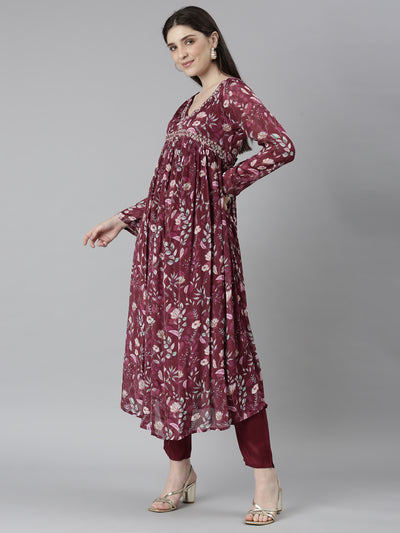 Neeru's Purple Regular Straight Floral Kurta And Trousers With Dupatta