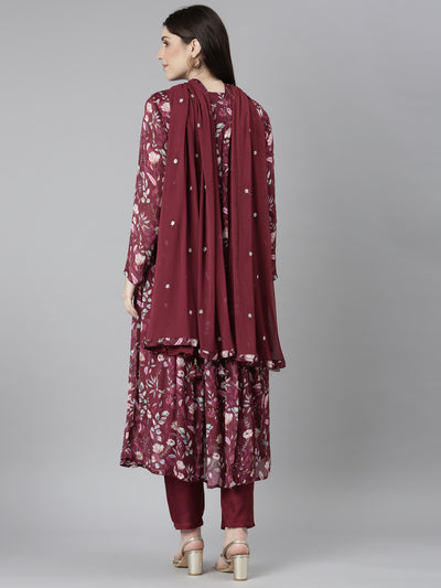 Neeru's Purple Regular Straight Floral Kurta And Trousers With Dupatta