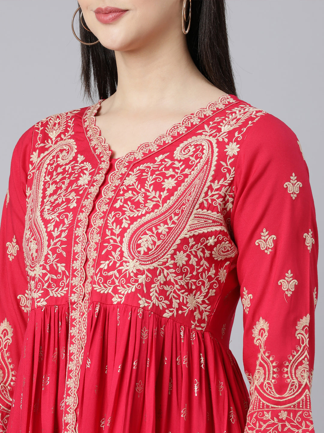 Neerus Pink Panelled Straight Yoke Design Kurta And Trousers With Dupatta