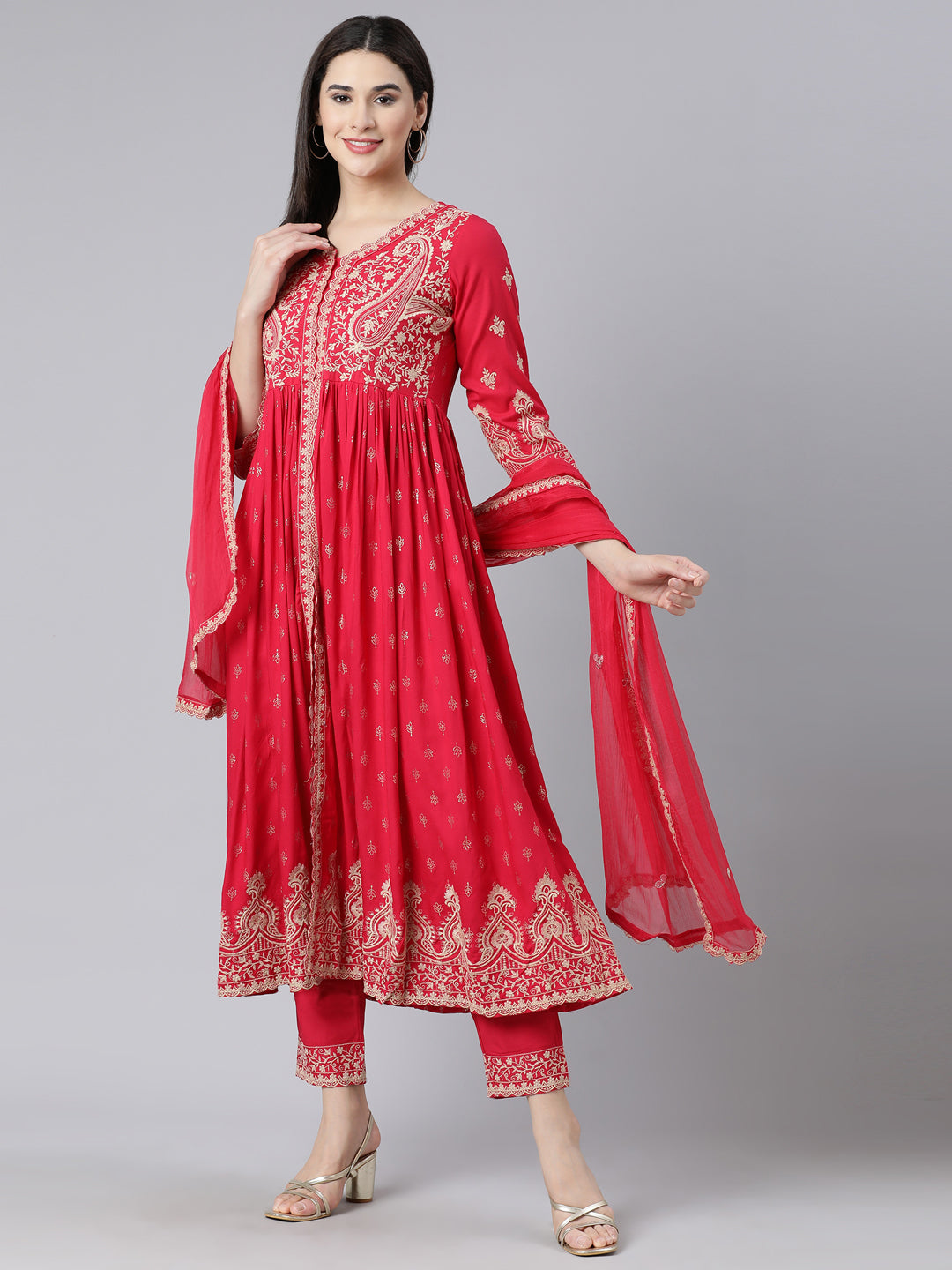 Neerus Pink Panelled Straight Yoke Design Kurta And Trousers With Dupatta