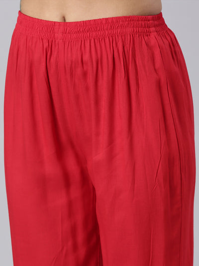 Neerus Red Panelled Straight Yoke Design Kurta And Trousers With Dupatta