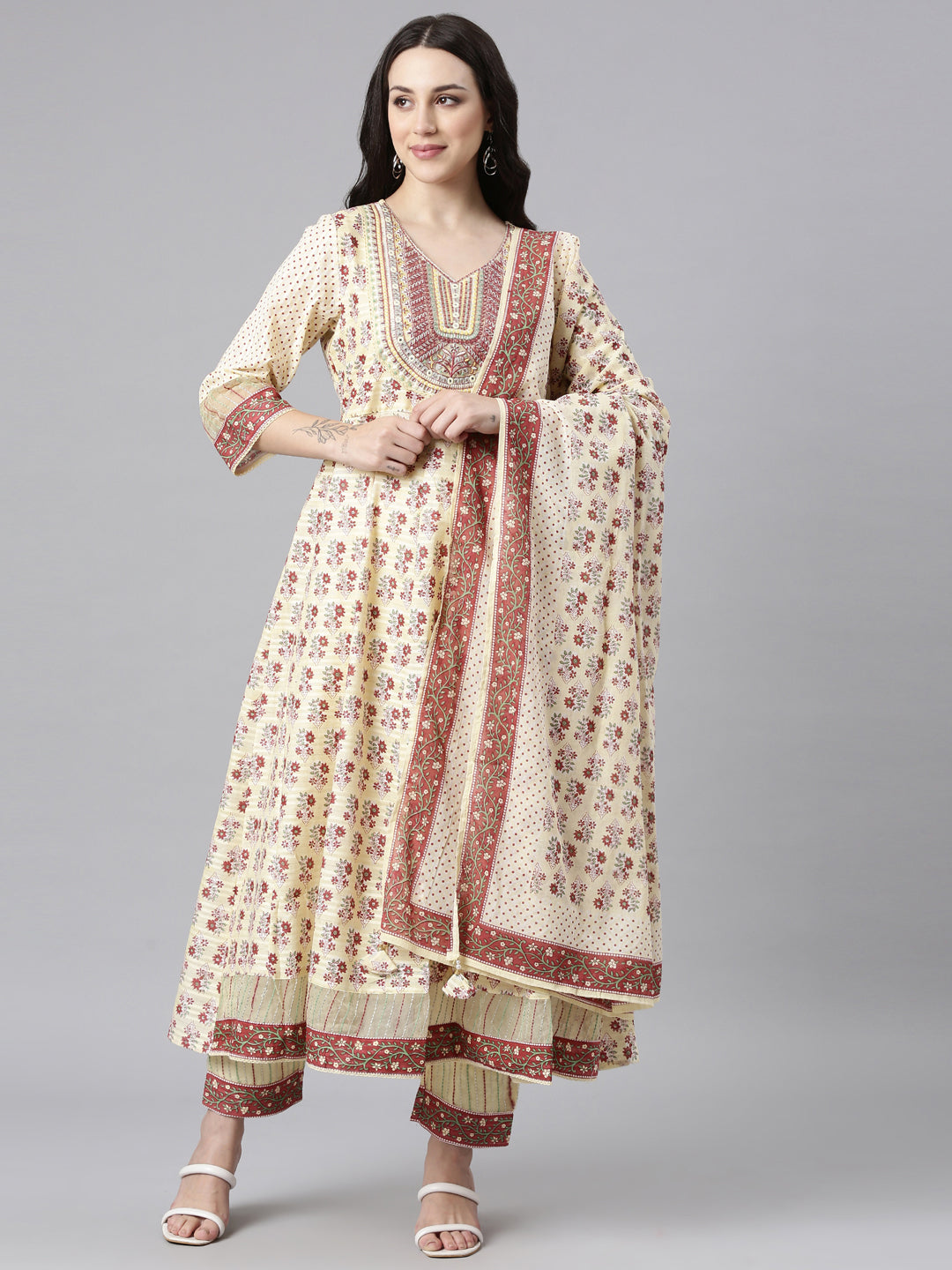 Neerus Yellow Regular Anarkali Kurta and Trousers With Dupatta