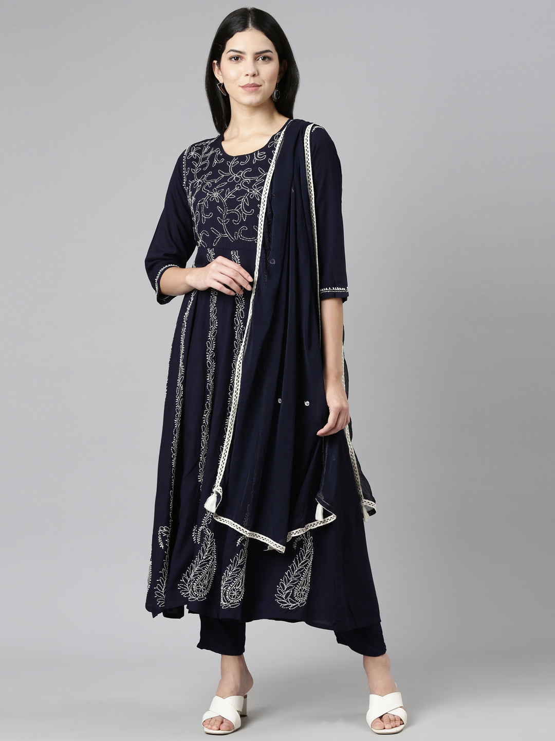 Neeru's Navy Blue Regular Straight Embroidered Readymade suits