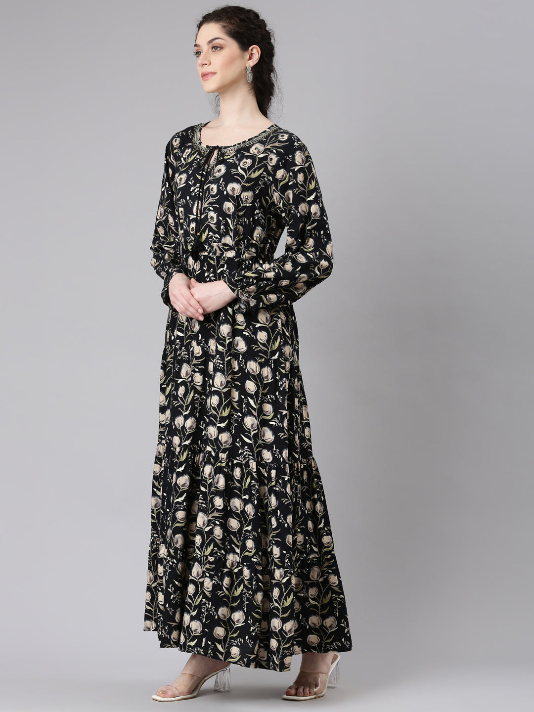 Neerus Black Floral Printed Maxi Dresses