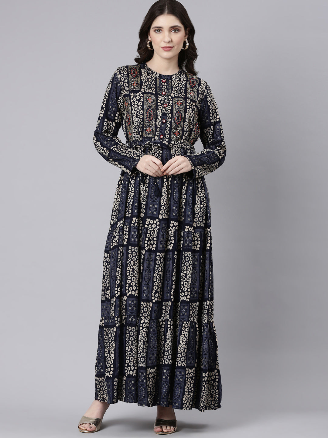 Neeru's Navy Blue Straight Casual Printed Maxi Dresses